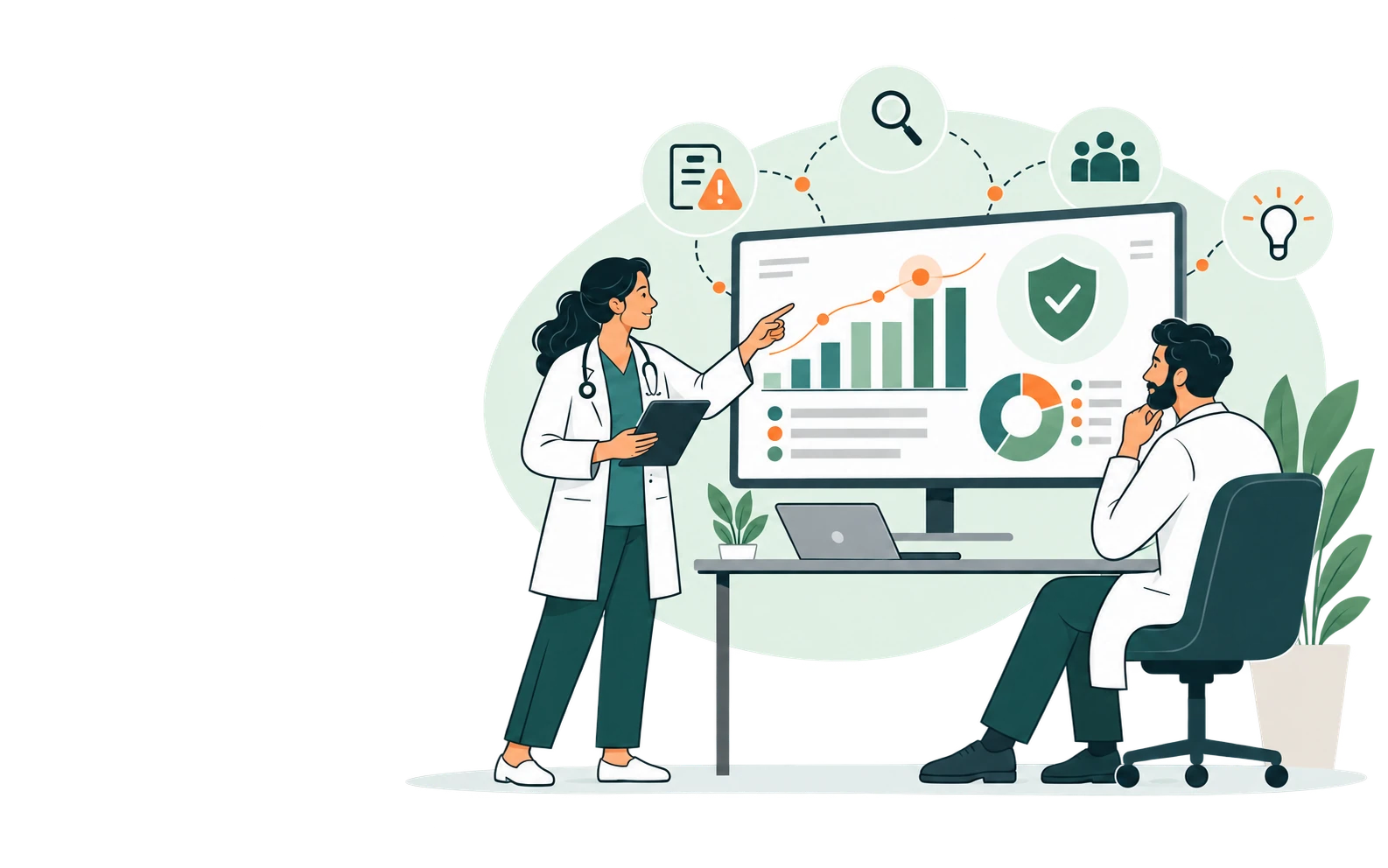 Ilustración de dos profesionales de salud que revisan indicadores de seguridad del paciente y eventos adversos.
