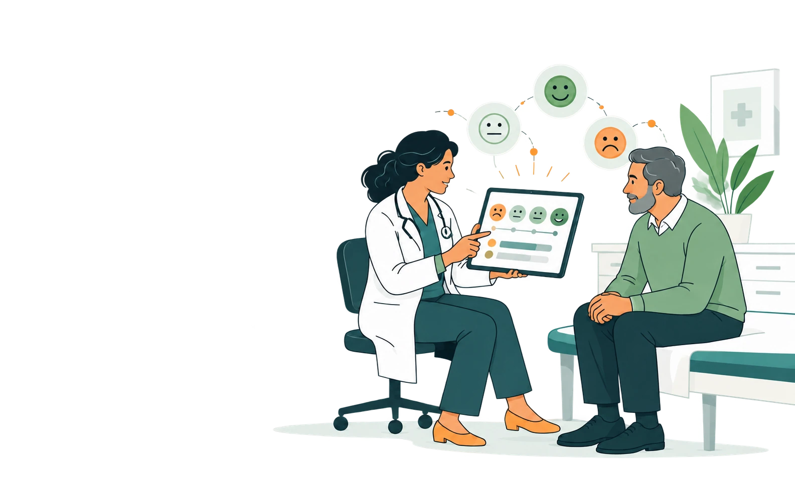 Ilustración de una profesional de salud y un paciente que revisan en una tableta resultados visuales de percepción de la atención.