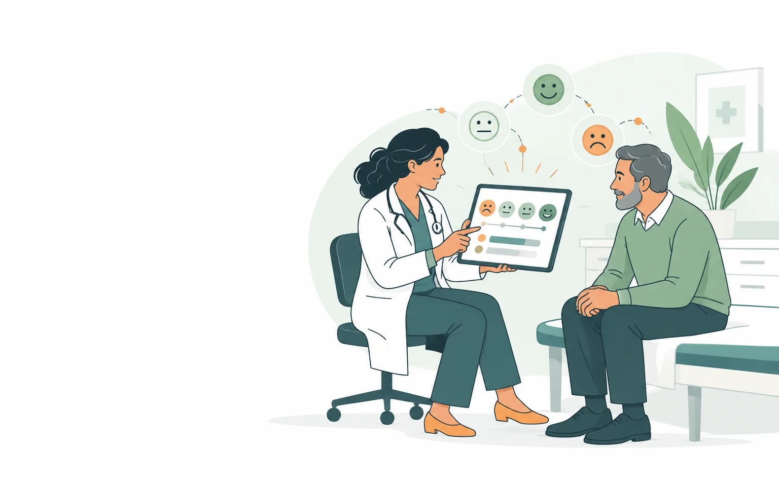 Ilustración de una profesional de salud y un paciente que revisan en una tableta resultados visuales de percepción de la atención.