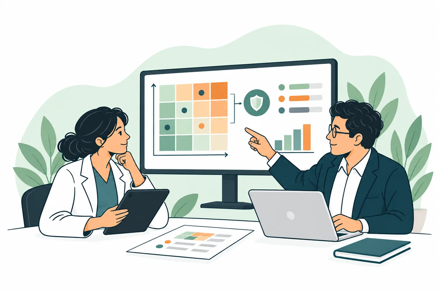 Ilustración editorial de dos profesionales del sector salud que analizan una matriz de riesgo, controles e indicadores en una pantalla.